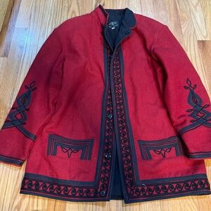 Chaqueta Red And Black Ornate Wool Coat Size M Guatemala Wool 1970’s